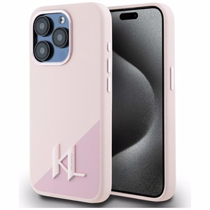 Karl Lagerfeld silikoninis Magnetinis dėklas telefonui su metalinėmis inicialų šešėlio detalėmis iPhone 15 Pro, rožinis