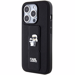 Karl Lagerfeld dėklas telefonui su stovu Gripstand Saffiano Karl&Choupette Pins iPhone 15 Pro - juodas