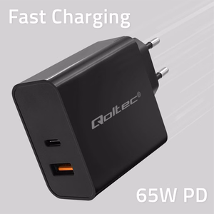 Qoltec 52380 Super greitas PD įkroviklis | 1xUSB-C | 1xUSB | 65W | 5-20V | 1,5-3,25A | Juoda