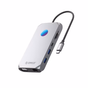 Orico XCR 12 viename RGB USB-C prijungimo stotelė 3x USB-A 3.1 1x USB-A 2.0 1x USB-C PD 100W 1x USB-C 3.1 1x HDMI 1.4 4K 30Hz 1x VGA 1080p 1x microSD/SD 3.0 1x RJ Gigabit Ethernet 1x Audio CTIA 3.5 mm - pilka