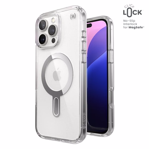 Speck Presidio Perfect-Clear dėklas su MagSafe ir ClickLock, skirtas iPhone 16 Pro Max, „Clear/Chrome“