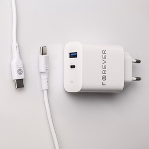 Forever TC-07-30AC PD QC įkroviklis 1x USB-C 1x USB 30W baltas + USB-C - USB-C laidas 60W