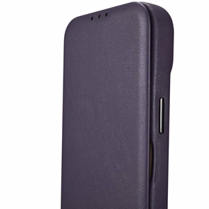 iCarer CE Premium odinis folio dėklas iPhone 14 Plus magnetinis atverčiamas odinis folio dėklas MagSafe tamsiai violetinė