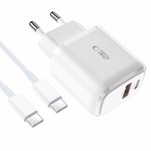 Tech-Protect C20W USB-C PD 20W / USB-A QC 3.0 įkroviklis su USB-C / USB-C kabeliu - baltas