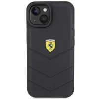 Ferrari dygsniuotas metalo logotipa dėklas iPhone 15 – juodas