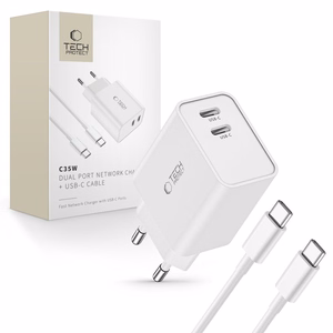 Tech-Protect C35W 2x USB-C PD 35W įkroviklis su USB-C / USB-C kabeliu - baltas