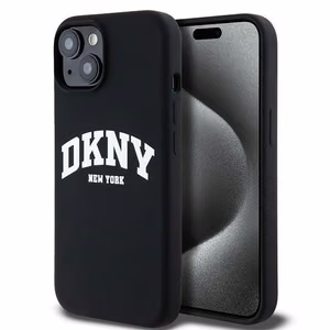 DKNY Skystas silikoninis dėklas MagSafe iPhone 15 / 14 / 13 su balto logotipo spauda - juodas (m)