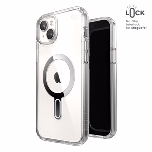 Speck Presidio Perfect-Clear MagSafe dėklas su ClickLock, skirtas iPhone 15 Plus / 14 Plus, skaidrus su chromo spalvos žiedu