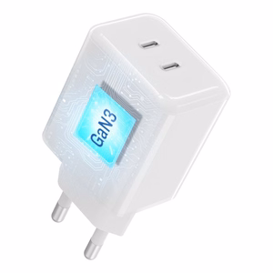 Telefono įkroviklis Forcell F-Energy GaN III Crystal Color, 2x USB C, AVS, SSFC3.0, 60W + silikoninis laidas USB C į USB C VT-60, baltas