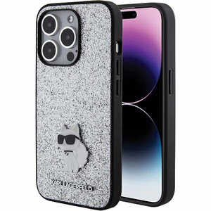 Karl Lagerfeld Fiksuotas blizgučių Choupette logotipas metalinis kaištis dėklas iPhone 15 Pro - sidabrinė