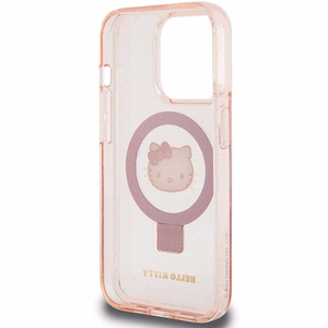 Hello Kitty žiedinis stovas blizgus Electrop Logo magnetinis dėklas telefonui iPhone 15 Pro - rožinis