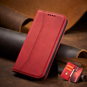 Magnet Fancy Case dėklas telefonui iPhone 14 Plus su flip dangčiu, pinigine ir stovu - raudonos spalvos