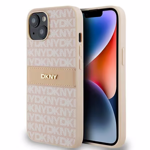 DKNY odinis mono juostelės ir metalinis logotipas dėklas iPhone 15/14/13 - rožinis