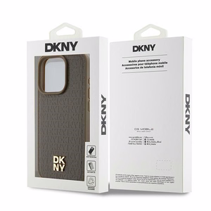 DKNY Odinis monogramos rašto metalinis logotipas Magnetinis dėklas iPhone 15 Pro - ruda