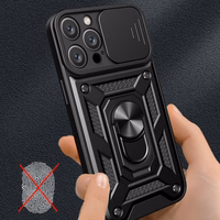 Hybrid Armor Camshield dėklas telefonui iPhone 16 Pro su kameros dangteliu ir stovu - juodas