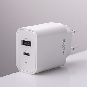 "Maxlife MXTC-06-30AC PD QC įkroviklis 1x USB-C 1x USB 30W baltas + USB-C - USB-C kabelis 60W