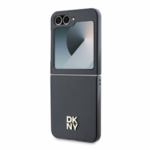 DKNY Dėklas telefonui Samsung Galaxy Z Flip6 odinis metalinis su Stack Logo - juodas