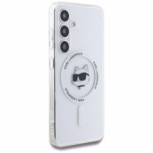 Dėklas Karl Lagerfeld Mygtukas Choupette Galva Spausdintas Logotipas Magnetinis Samsung Galaxy S25 balta