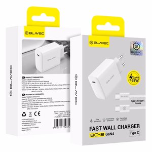 Blavec sieninis įkroviklis BC-8 GaN4 - Type C - PD QC 65W 3A su Type C į Type C laidu (TCBC8G4-CW653A+CC) baltas
