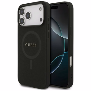 Guess Saffiano klasikinis MagSafe dėklas telefonui iPhone 17 Pro Max su logotipu - juodas
