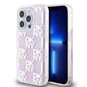 DKNY dėklas telefonui iPhone 15 Pro 6,1" DKHCP15LLCPEPP baltas HC skysti blizgučiai su languotas raštas