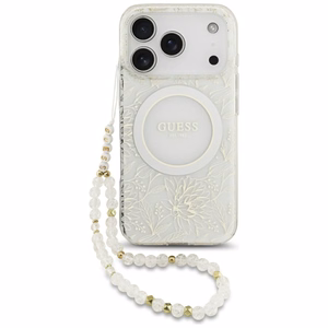 Guess IML Flowers Allover Electroplated MagSafe dėklas su perlų dirželiu, skirtas iPhone 18 Pro / 17 Pro – spalva: balta