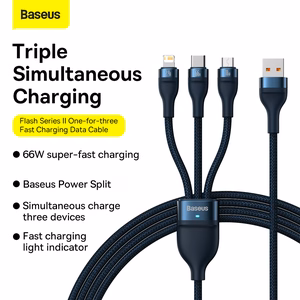 Baseus kabelis Flash Series II 3 in 1 - USB į Type C, Lightning, Micro USB - 66W 6A 1,2 metro (CASS040003) mėlynas