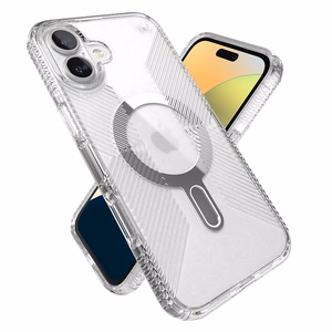 Speck Presidio Perfect-Clear Grip ClickLock & MagSafe dėklas, skirtas iPhone 16 Plus, skaidrus / chromo apdaila / „Serene Silver“