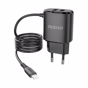 Dudao įkroviklis 2x USB su įmontuotu 12W Lightning kabeliu juodas (A2ProL juodas)