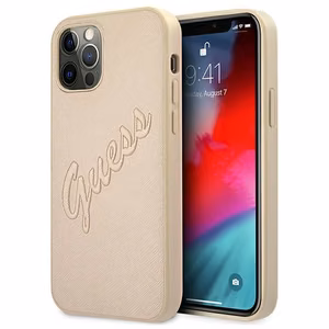 Guess GUHCP12MRSAVSLG iPhone 12/12 Pro 6.1 auksinis kietasis dėklas Saffiano Vintage Script