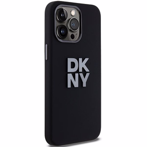 DKNY Skystas silikoninis metalinis logotipas dėklas telefonui iPhone 15 Pro Max - juodas