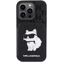 Karl Lagerfeld Saffiano kortelių lizdai ir stovas monograma Choupette dėklas iPhone 15 Pro - juoda