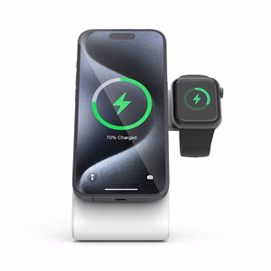 Crong MagSpot Pivot Stand 3 viename belaidis įkroviklis, skirtas iPhone, Apple Watch ir AirPods, suderinamas su MagSafe, baltas