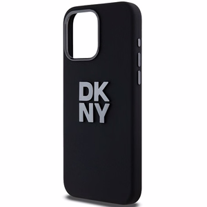 DKNY skystojo silikono metalinio logotipo dėklas telefonui iPhone 15 Pro - juodas