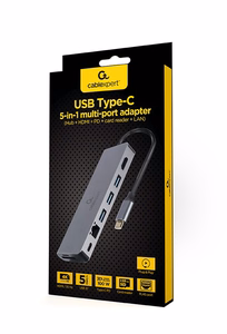 Gembird A-CM-COMBO5-05 USB Type-C 5-in-1 daugiafunkcinis šakotuvas (Hub + HDMI + PD + kortelių skaitytuvas + LAN)