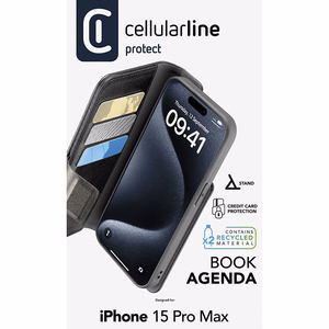 Cellularline Book Agenda dėklas, skirtas iPhone 15 Pro Max, su antimikrobine „Microban“ danga, juodas