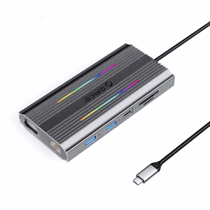 Orico XCR 12 viename RGB USB-C prijungimo stotelė 3x USB-A USB-C PD 100W HDMI 4K VGA RJ45 Gigabit SD ir microSD kortelių skaitytuvas - pilka