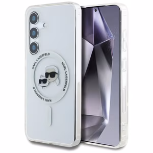 Dėklas telefonui Karl Lagerfeld Button Karl & Choupette Heads Išspausdintas logotipas MagSafe Samsung Galaxy S25 - baltas