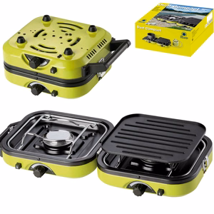Meva DUAL COMPACT + GRILL turistinė dujinė viryklė, skirta dujų kasetėms, sulankstomas 2 degiklių modelis su kepimo plokšte