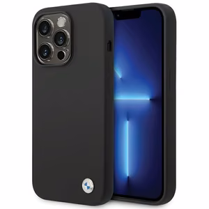 BMW silikoninis metalinis logotipas dėklas telefonui iPhone 15 Pro - juodas