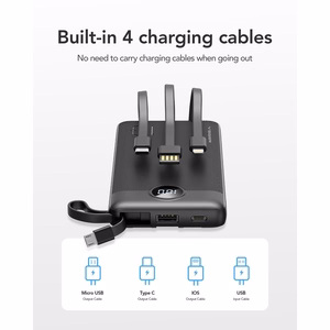 VEGER išorinė baterija 10000 mAh su įmontuotais kabeliais Micro USB / Type C / Lightning C10 (W1116) juoda