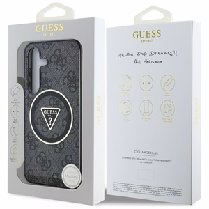 Guess 4G blizgus trikampių mygtukų magnetinis dėklas telefonui Samsung Galaxy S25 juodas