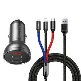 Baseus automobilinis įkroviklis 2x USB 4.8A 24W su LCD ekranu + 3in1 kabelis USB - USB Type C / micro USB / Lightning 1.2m juodas (TZCCBX-0G)