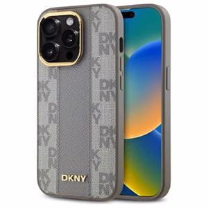 DKNY Leather Checkered Mono Pattern MagSafe iPhone 14 Pro Case - Beige