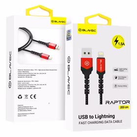 Blavec kabelis Raptor pintas - USB į Lightning - 1,5A 2 metrai Apple CarPlay (CRA-UL15BR20) juodas-raudonas