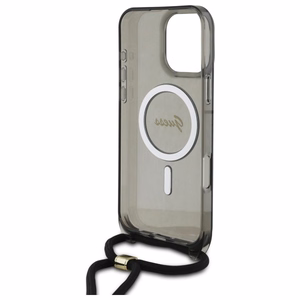 Guess Crossbody Cord Script Magnetinis dėklas iPhone 16 Pro Max - juodas