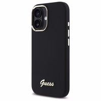 "Guess" silikoninis metalinis dėklas su logotipu ir rėmeliu, skirtas iPhone 16 - juodas