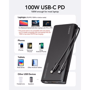 VEGER išorinė baterija 25000 mAh su įmontuotais kabeliais Type C / Lightning PD 130W TCE130 (W2503) juoda