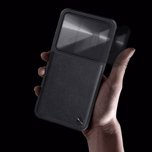 Nillkin CamShield Leather S dėklas telefonui Samsung Galaxy S23+ su kameros dangteliu juodas