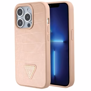 Guess GUHCP15XPCRTHCP iPhone 15 Pro Max rožinis/rožinis kietas dėklas Croco Triangle Metal Logo